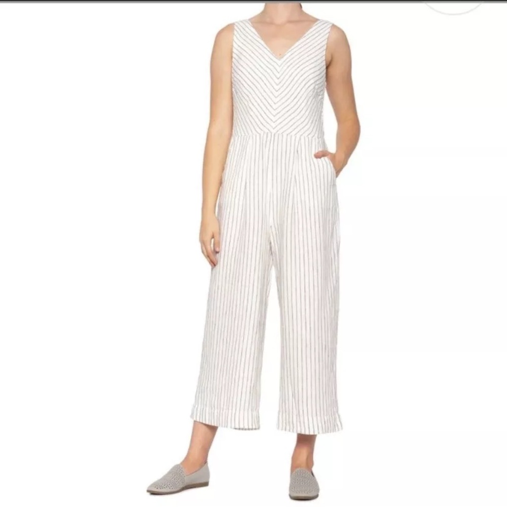 RACHEL ZOE Linen Jumpsuit White Striped V-Neck